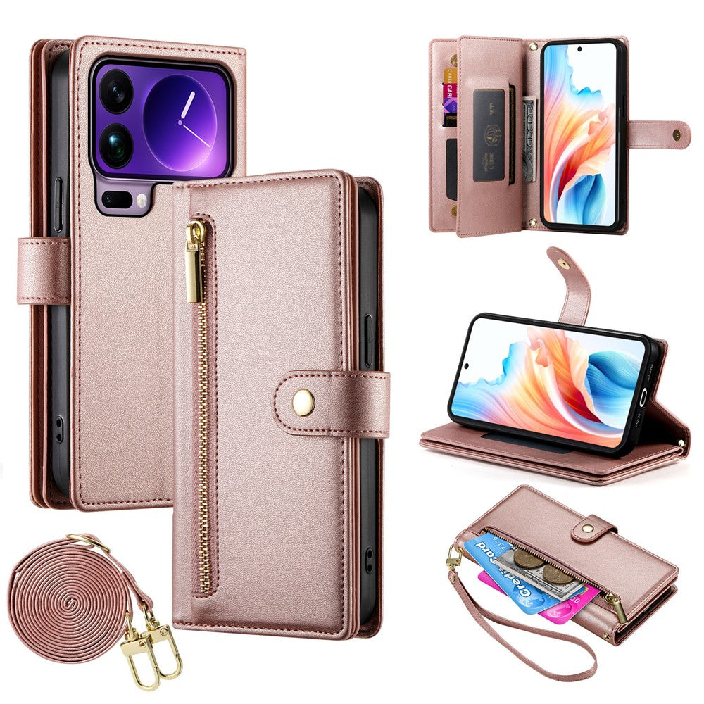 For Xiaomi 17 Pro Max Case Zipper Pocket Wallet Leather Phone Cover with Straps - Pink