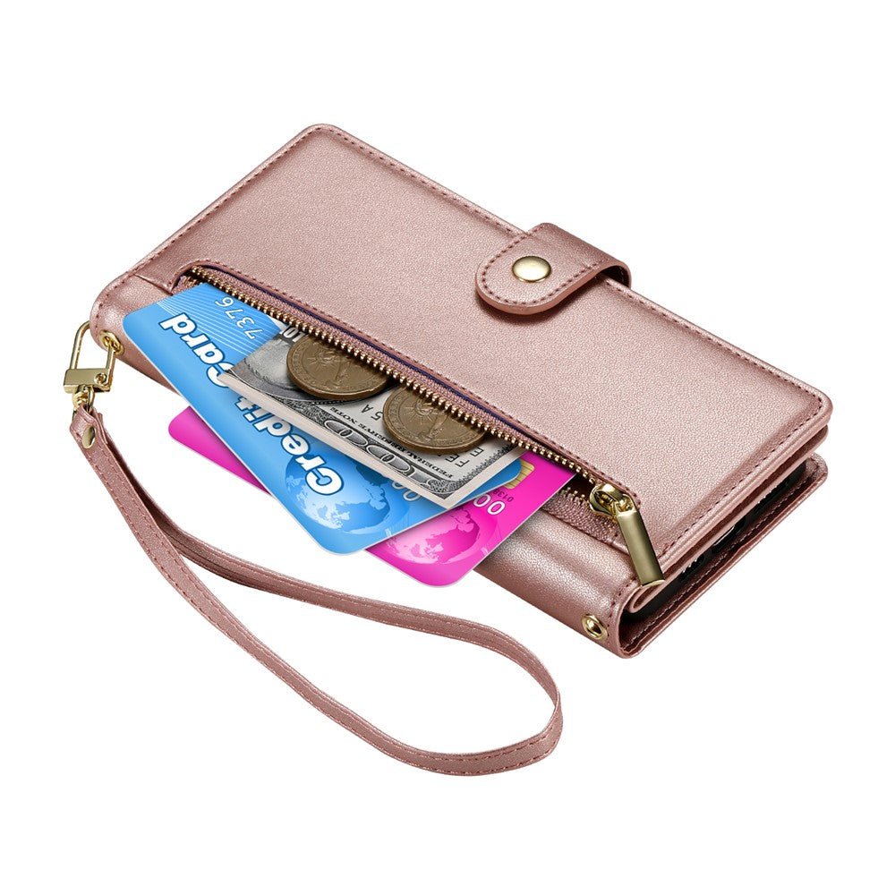 For Xiaomi 17 Pro Max Case Zipper Pocket Wallet Leather Phone Cover with Straps - Pink