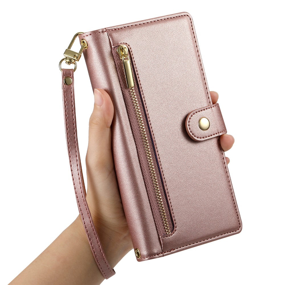 For Xiaomi 17 Pro Max Case Zipper Pocket Wallet Leather Phone Cover with Straps - Pink