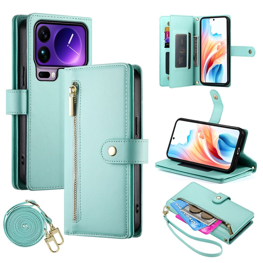 For Xiaomi 17 Pro Max Case Zipper Pocket Wallet Leather Phone Cover with Straps - Mint Green