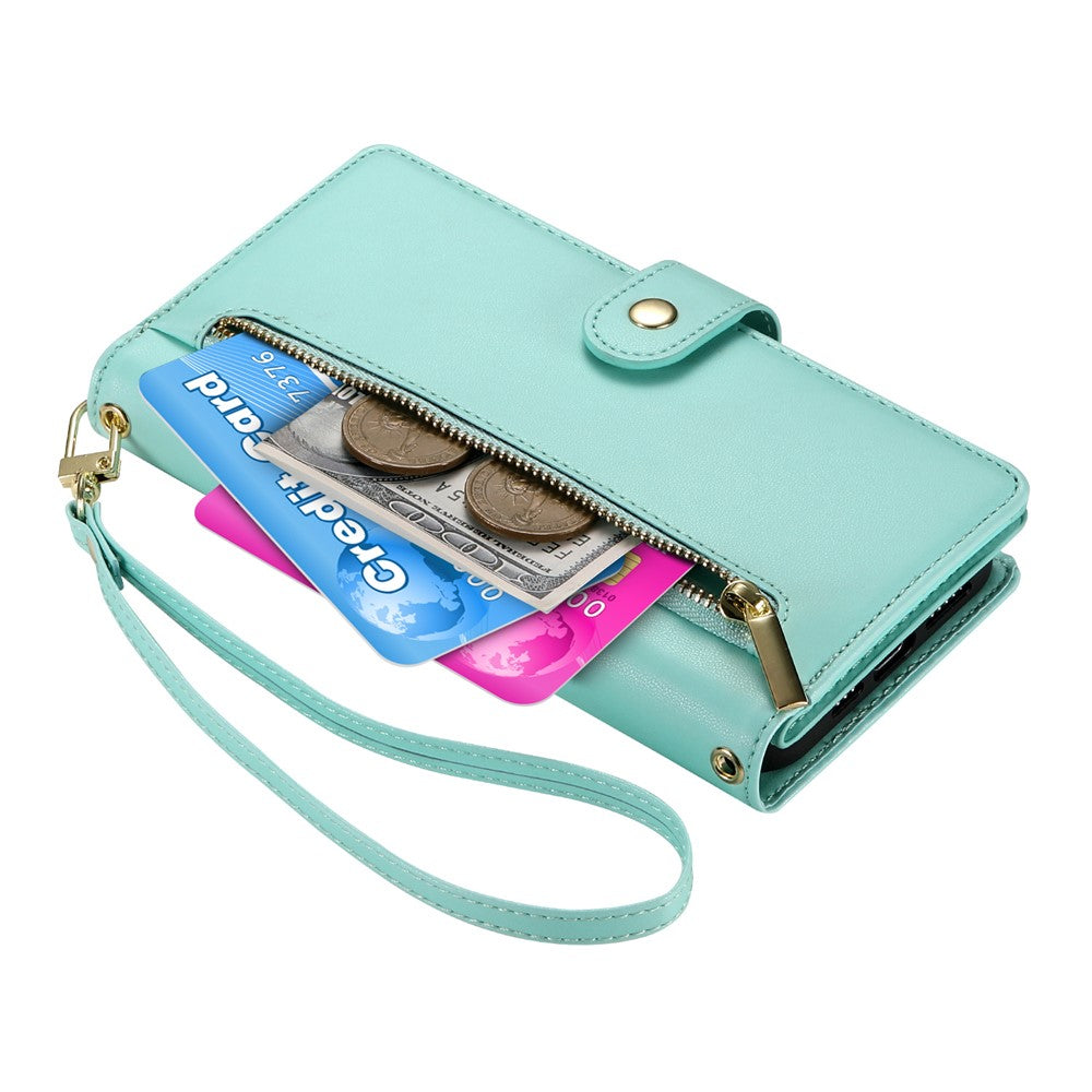For Xiaomi 17 Pro Max Case Zipper Pocket Wallet Leather Phone Cover with Straps - Mint Green