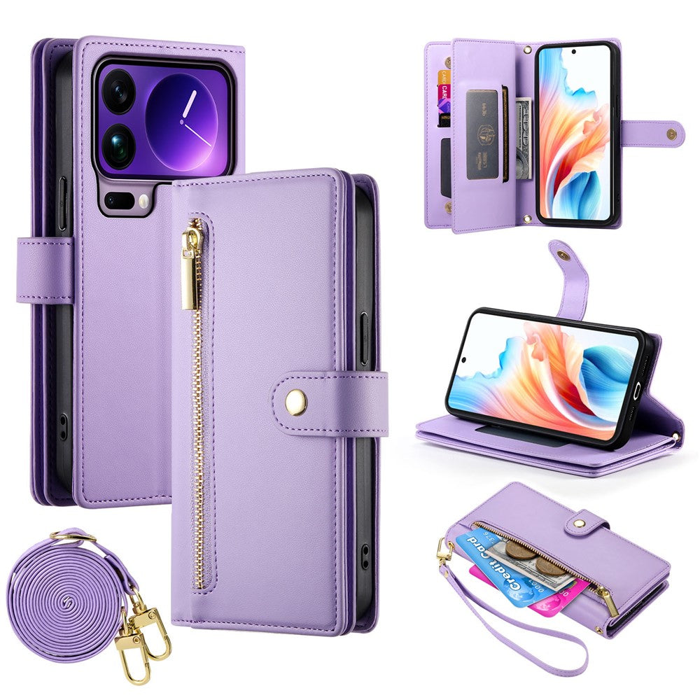 For Xiaomi 17 Pro Max Case Zipper Pocket Wallet Leather Phone Cover with Straps - Purple