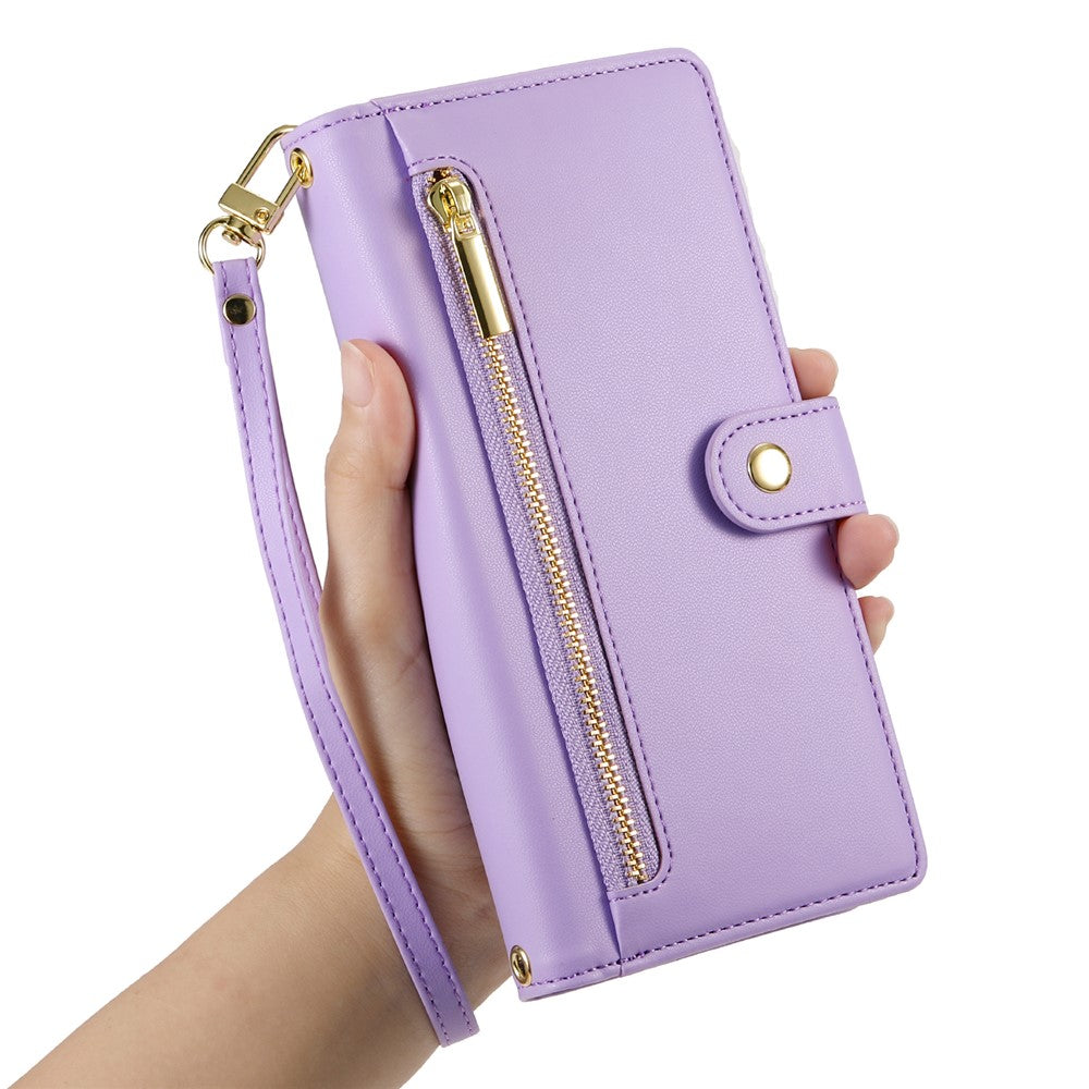 For Xiaomi 17 Pro Max Case Zipper Pocket Wallet Leather Phone Cover with Straps - Purple