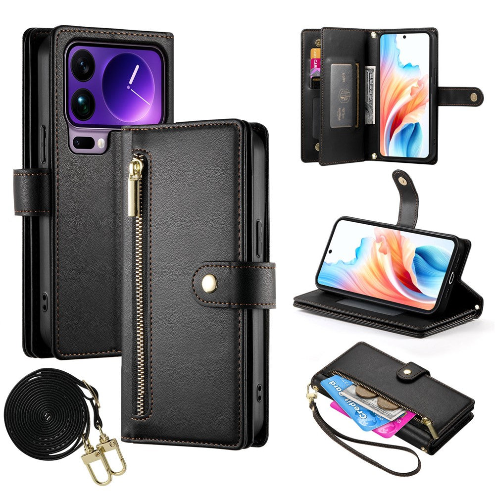 For Xiaomi 17 Pro Max Case Zipper Pocket Wallet Leather Phone Cover with Straps - Black
