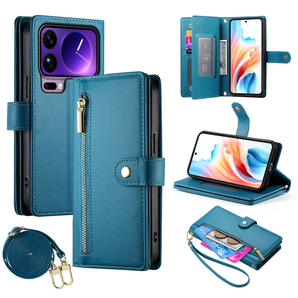 For Xiaomi 17 Pro Max Case Zipper Pocket Wallet Leather Phone Cover with Straps - Blue