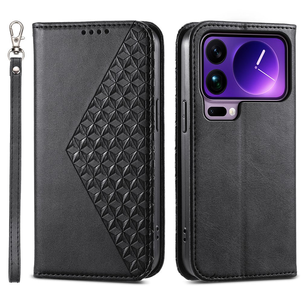 For Xiaomi 17 Pro Max Case Calf Texture PU Leather Wallet Phone Cover with Wrist Strap - Black
