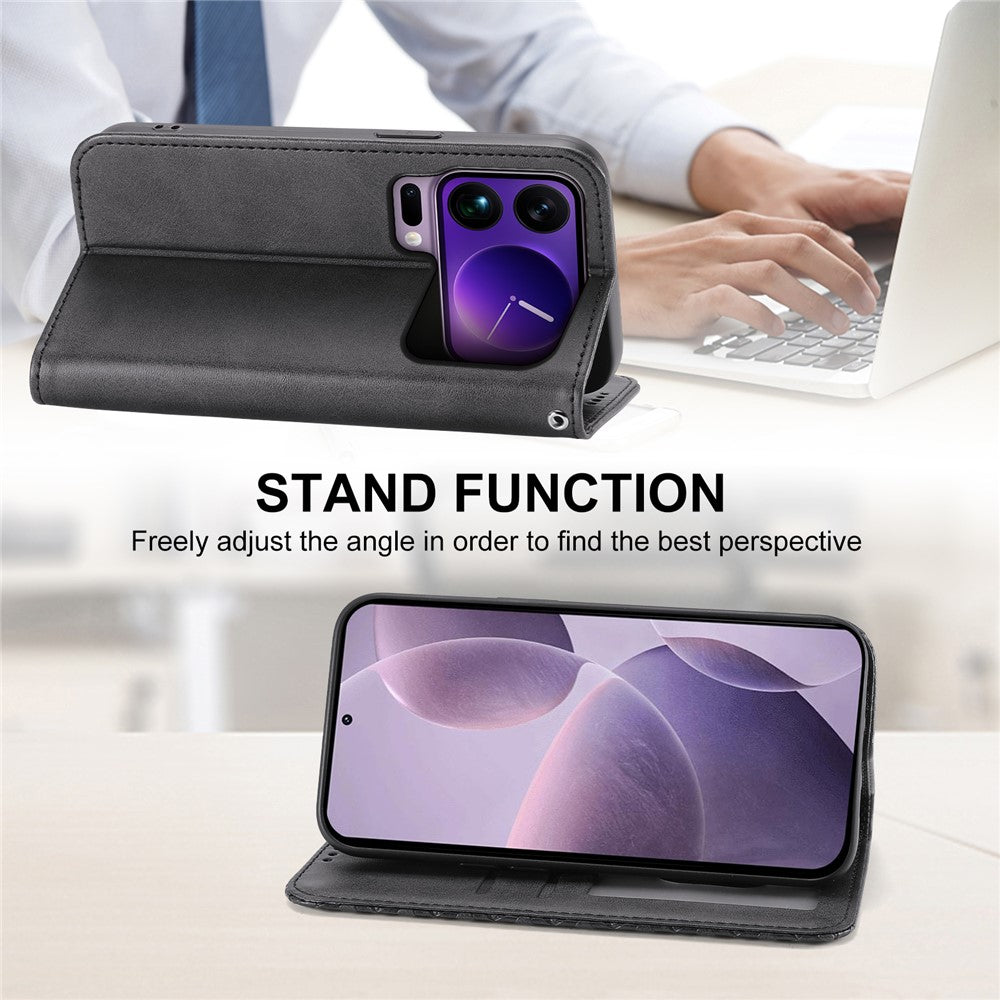 For Xiaomi 17 Pro Max Case Calf Texture PU Leather Wallet Phone Cover with Wrist Strap - Black