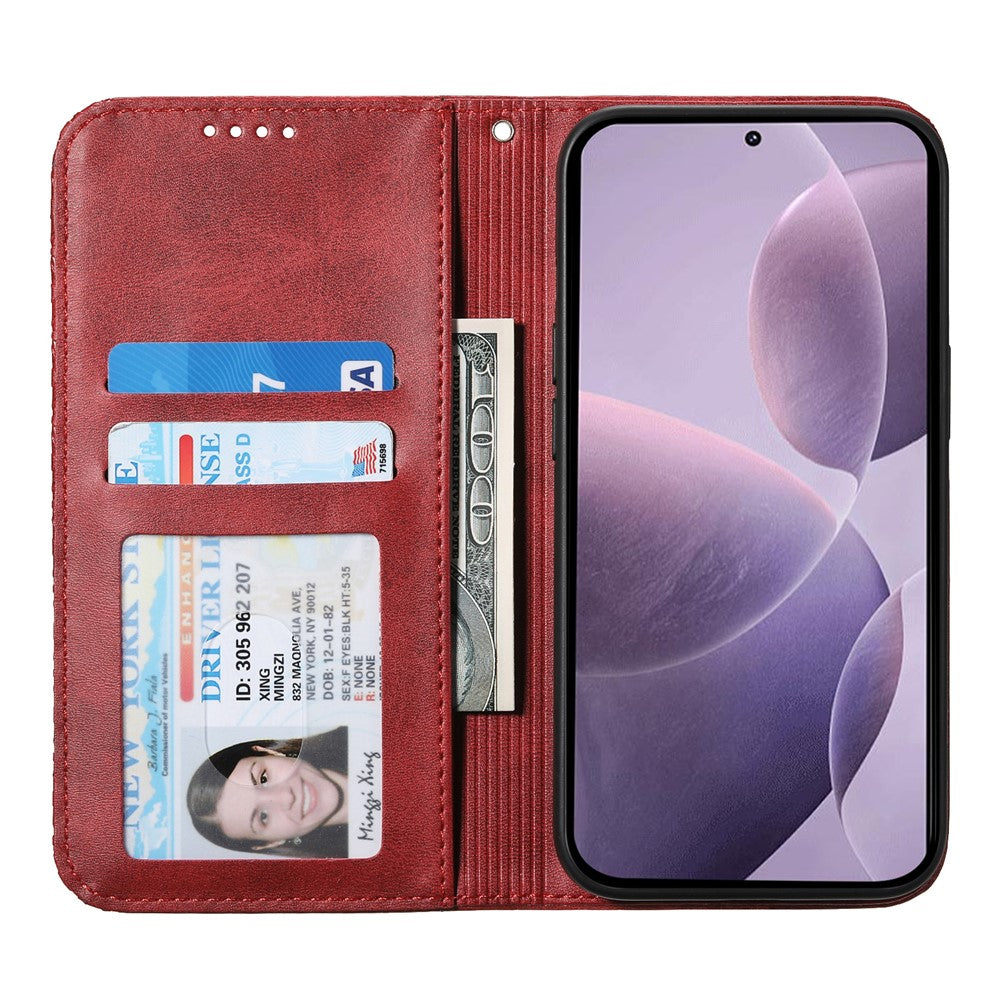 For Xiaomi 17 Pro Max Case Calf Texture PU Leather Wallet Phone Cover with Wrist Strap - Red