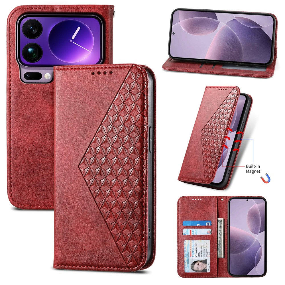 For Xiaomi 17 Pro Max Case Calf Texture PU Leather Wallet Phone Cover with Wrist Strap - Red
