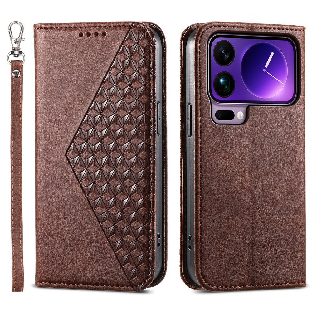For Xiaomi 17 Pro Max Case Calf Texture PU Leather Wallet Phone Cover with Wrist Strap - Brown
