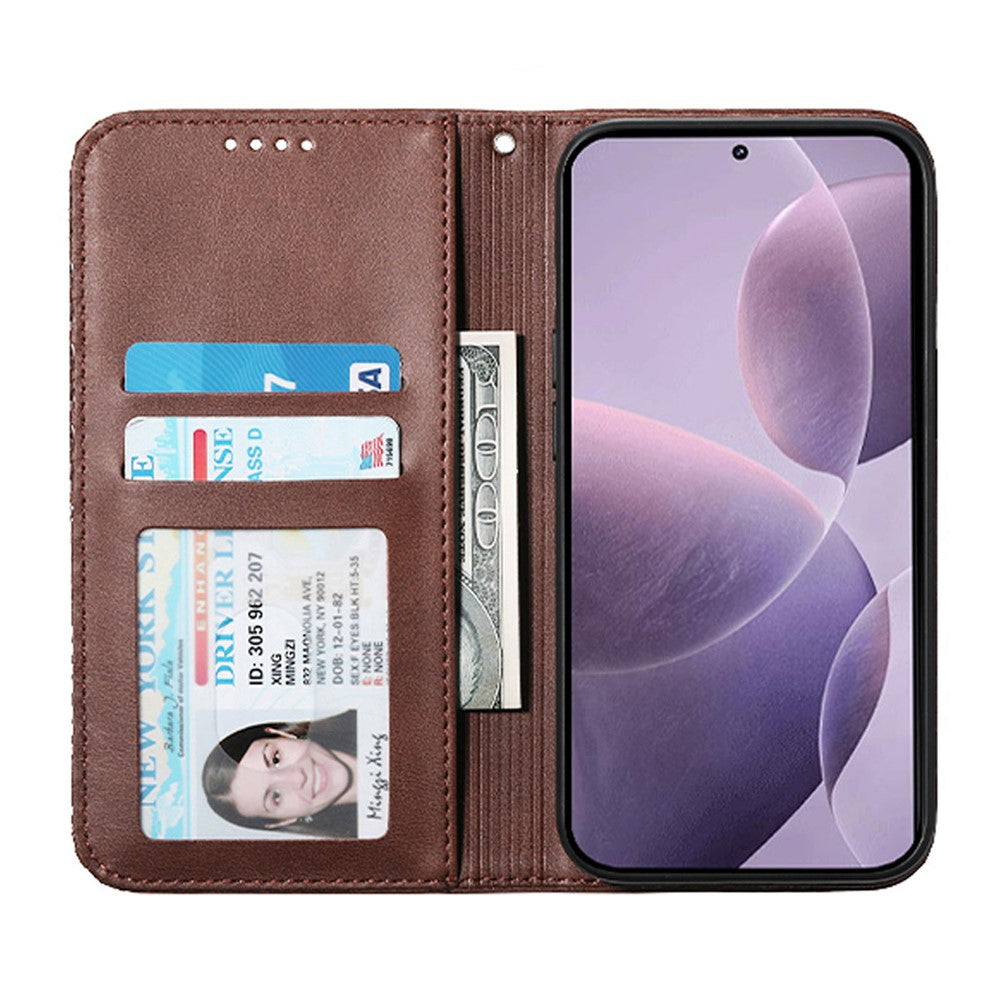 For Xiaomi 17 Pro Max Case Calf Texture PU Leather Wallet Phone Cover with Wrist Strap - Brown