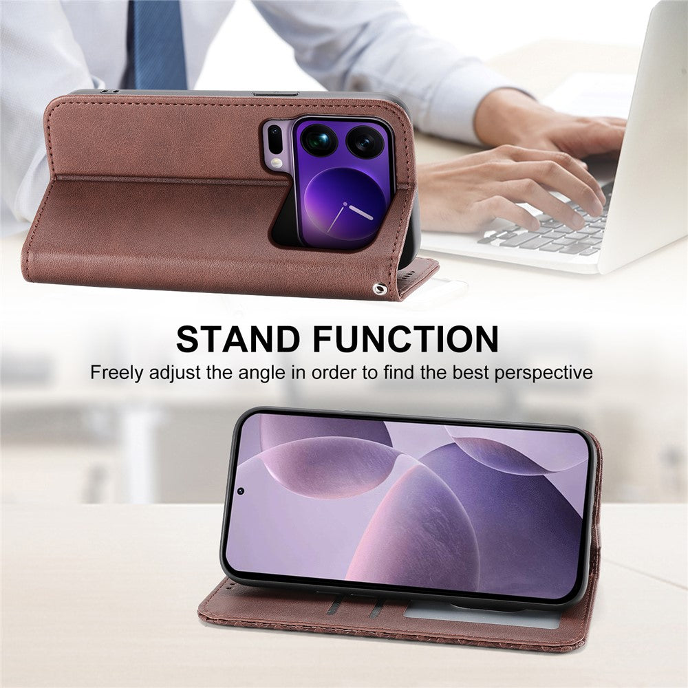 For Xiaomi 17 Pro Max Case Calf Texture PU Leather Wallet Phone Cover with Wrist Strap - Brown
