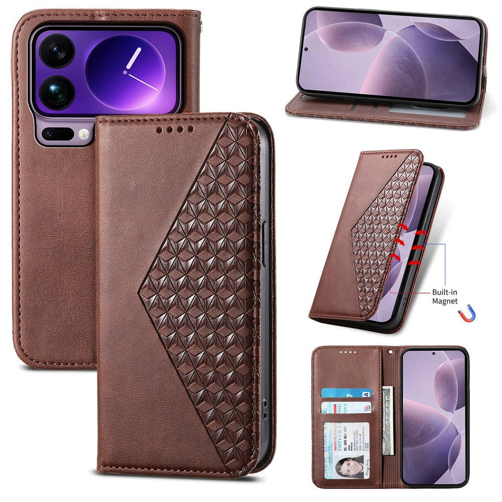 For Xiaomi 17 Pro Max Case Calf Texture PU Leather Wallet Phone Cover with Wrist Strap - Brown