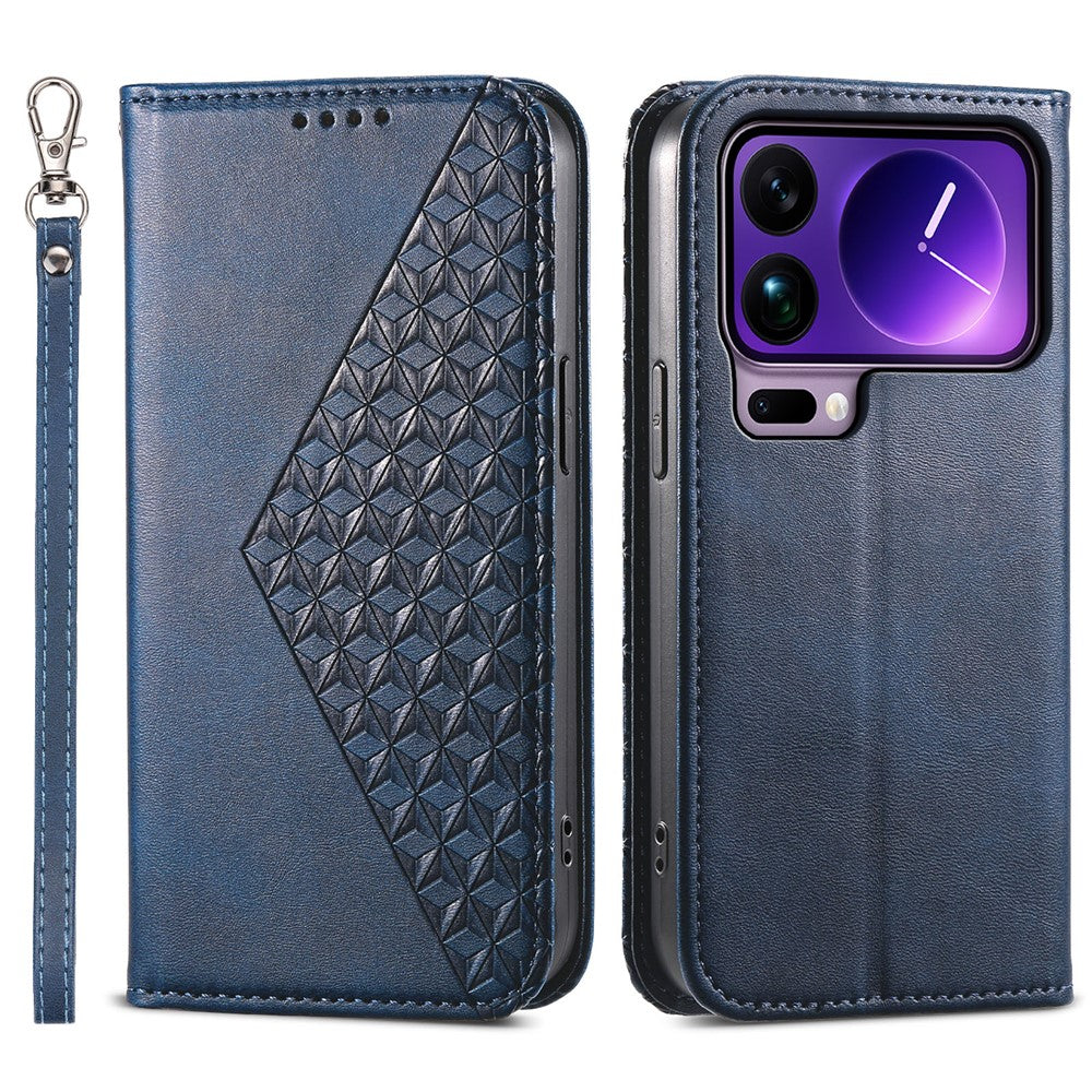 For Xiaomi 17 Pro Max Case Calf Texture PU Leather Wallet Phone Cover with Wrist Strap - Blue