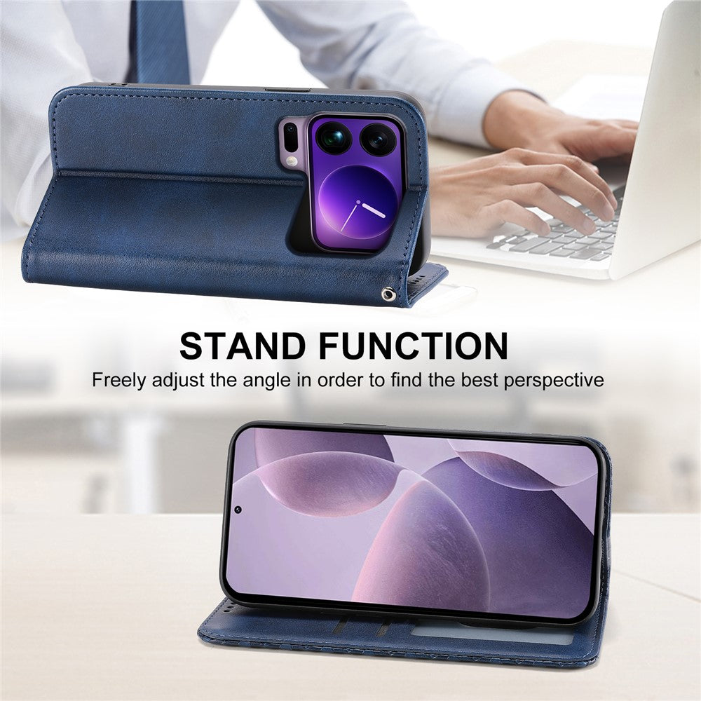 For Xiaomi 17 Pro Max Case Calf Texture PU Leather Wallet Phone Cover with Wrist Strap - Blue