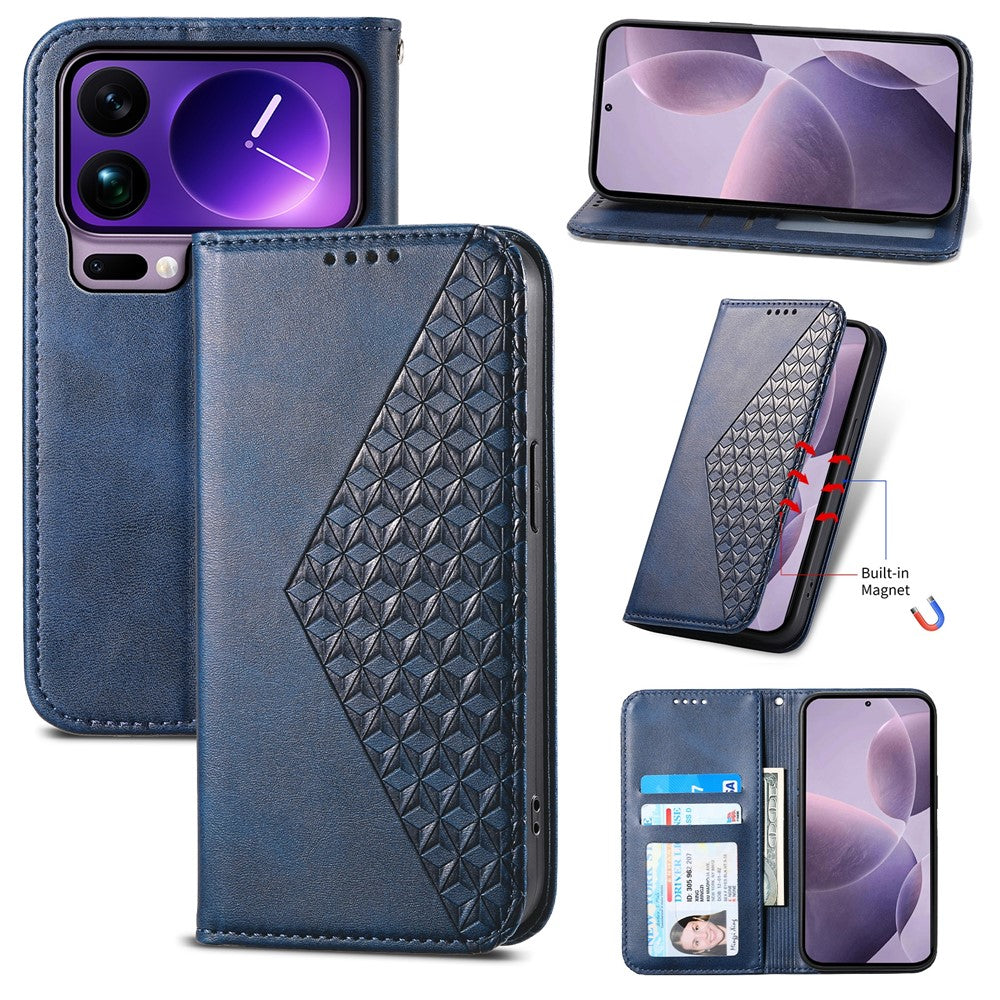 For Xiaomi 17 Pro Max Case Calf Texture PU Leather Wallet Phone Cover with Wrist Strap - Blue