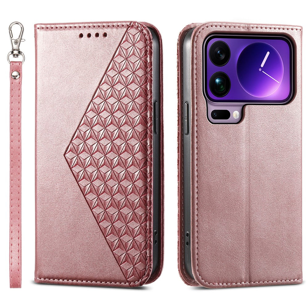 For Xiaomi 17 Pro Max Case Calf Texture PU Leather Wallet Phone Cover with Wrist Strap - Rose Gold
