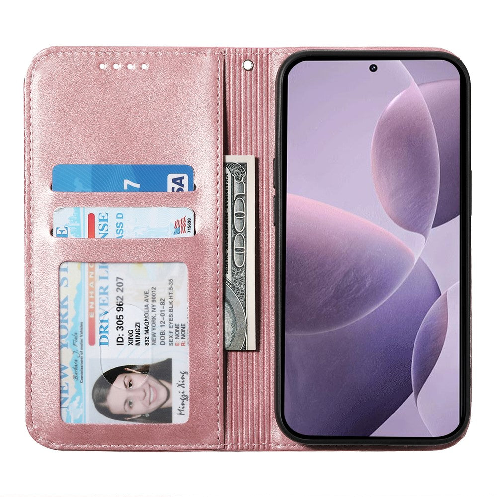 For Xiaomi 17 Pro Max Case Calf Texture PU Leather Wallet Phone Cover with Wrist Strap - Rose Gold
