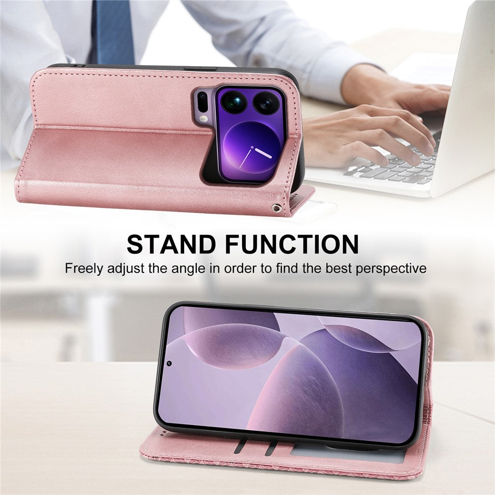 For Xiaomi 17 Pro Max Case Calf Texture PU Leather Wallet Phone Cover with Wrist Strap - Rose Gold