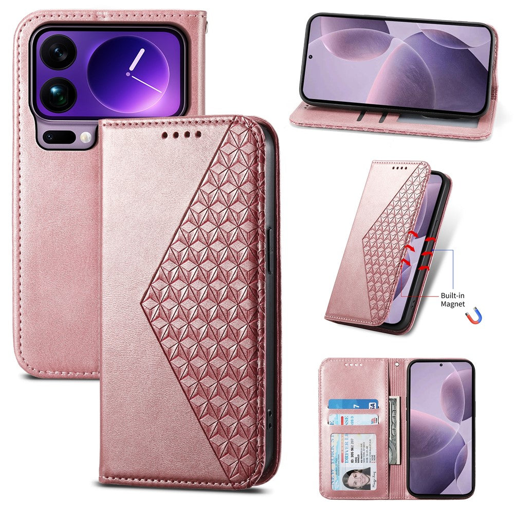For Xiaomi 17 Pro Max Case Calf Texture PU Leather Wallet Phone Cover with Wrist Strap - Rose Gold