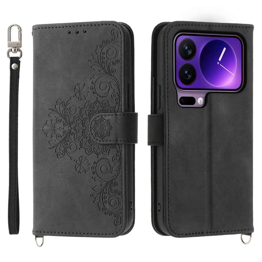 For Xiaomi 17 Pro Case Flower Pattern PU Leather Wallet Phone Cover with Strap - Black
