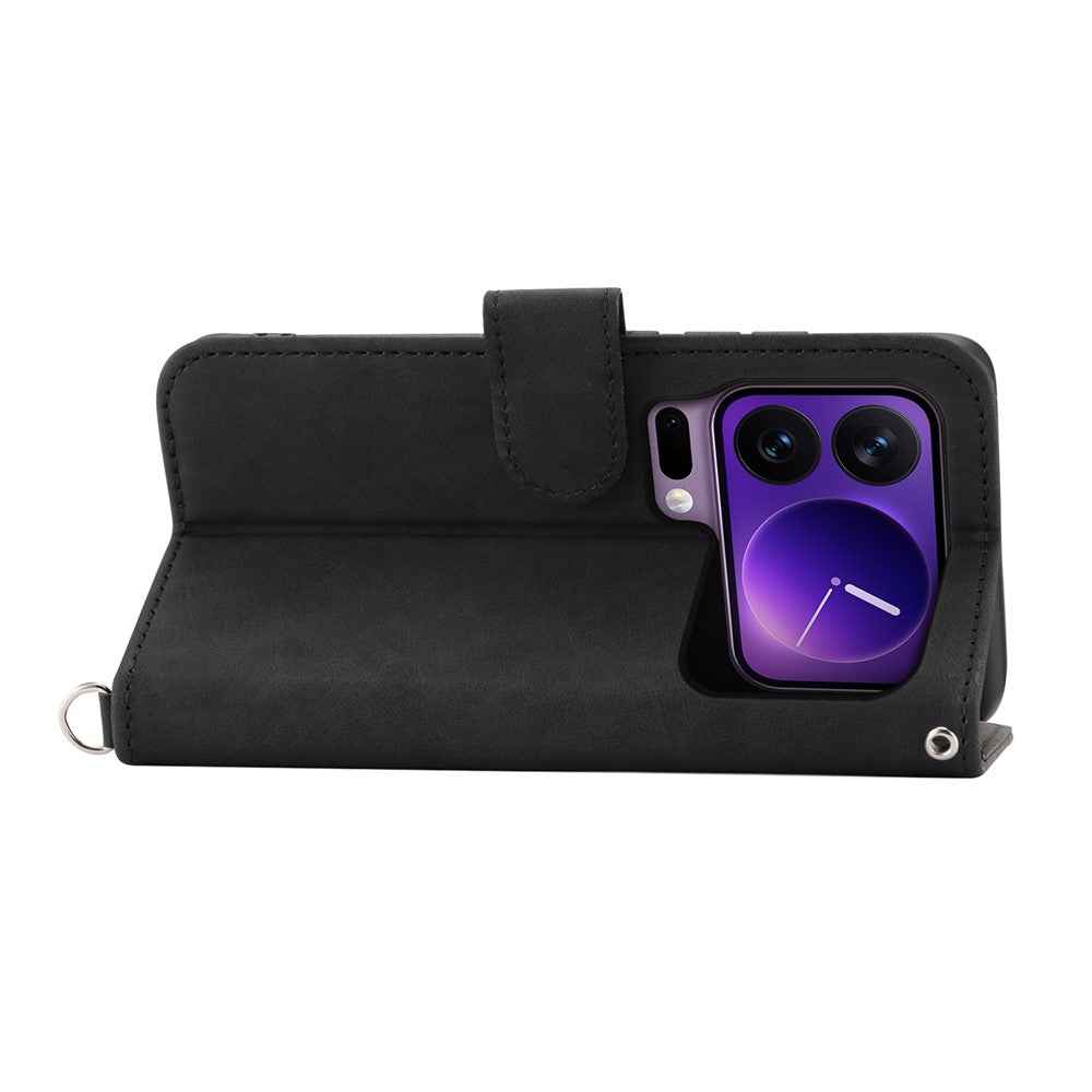 For Xiaomi 17 Pro Case Flower Pattern PU Leather Wallet Phone Cover with Strap - Black
