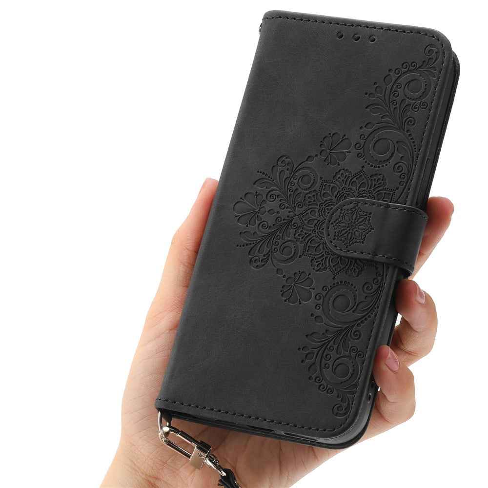 For Xiaomi 17 Pro Case Flower Pattern PU Leather Wallet Phone Cover with Strap - Black