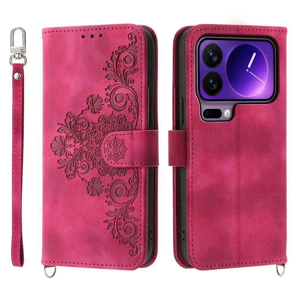 For Xiaomi 17 Pro Case Flower Pattern PU Leather Wallet Phone Cover with Strap - Wine Red