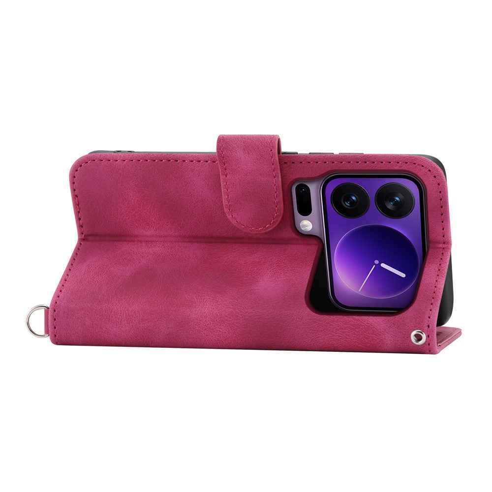 For Xiaomi 17 Pro Case Flower Pattern PU Leather Wallet Phone Cover with Strap - Wine Red