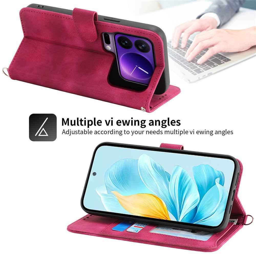 For Xiaomi 17 Pro Case Flower Pattern PU Leather Wallet Phone Cover with Strap - Wine Red