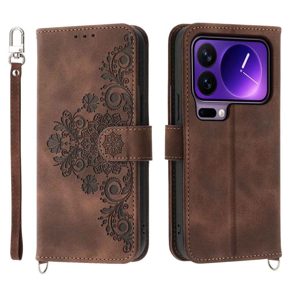 For Xiaomi 17 Pro Case Flower Pattern PU Leather Wallet Phone Cover with Strap - Brown