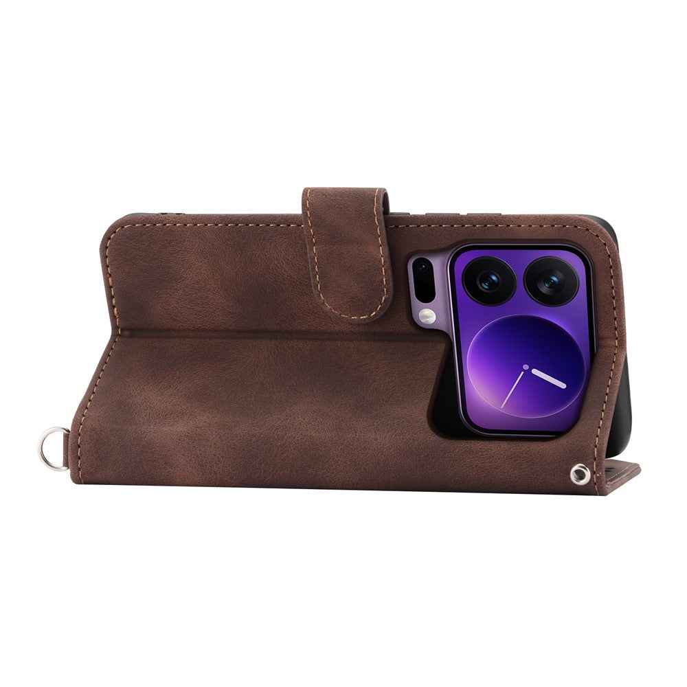 For Xiaomi 17 Pro Case Flower Pattern PU Leather Wallet Phone Cover with Strap - Brown