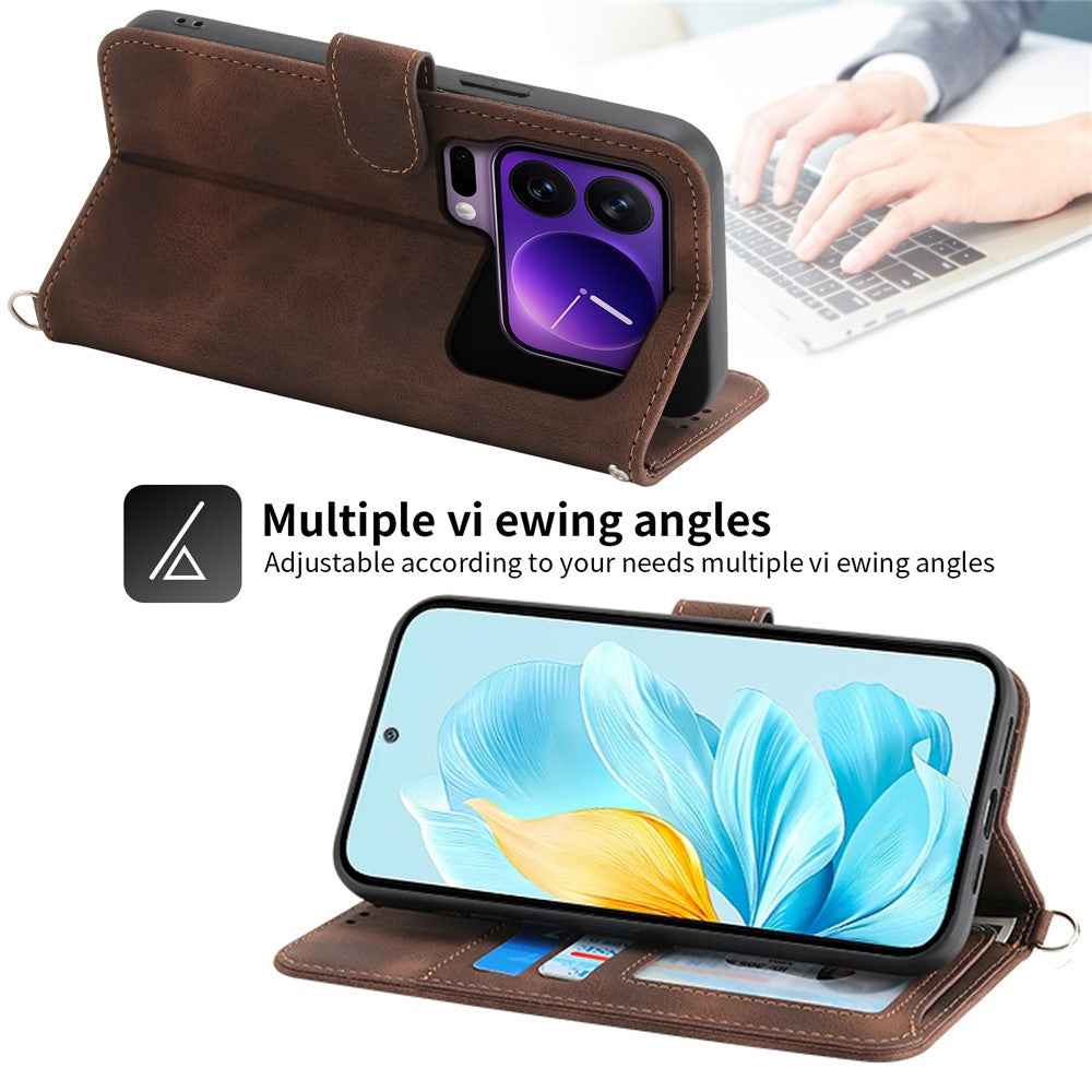 For Xiaomi 17 Pro Case Flower Pattern PU Leather Wallet Phone Cover with Strap - Brown