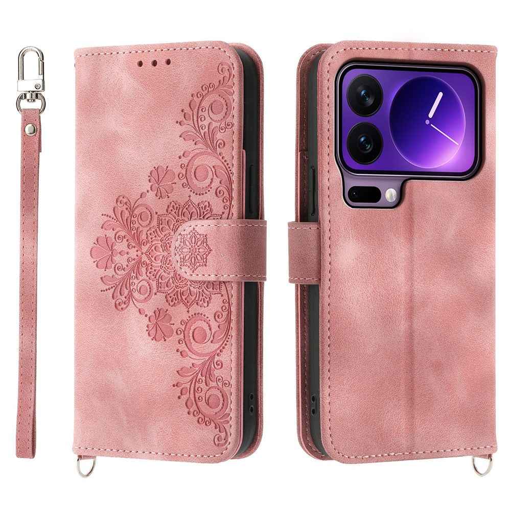 For Xiaomi 17 Pro Case Flower Pattern PU Leather Wallet Phone Cover with Strap - Pink