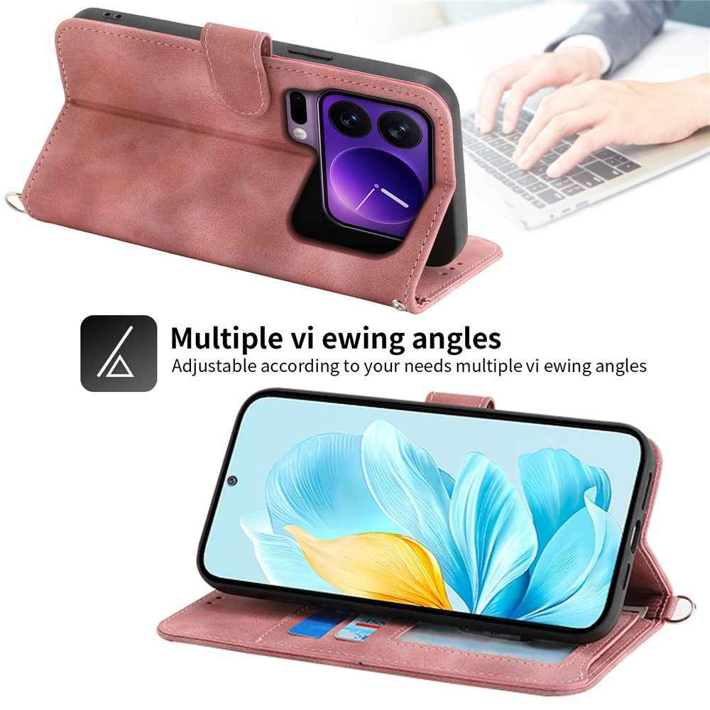 For Xiaomi 17 Pro Case Flower Pattern PU Leather Wallet Phone Cover with Strap - Pink