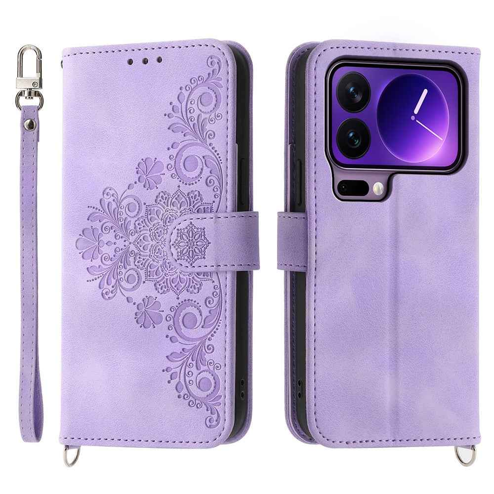 For Xiaomi 17 Pro Case Flower Pattern PU Leather Wallet Phone Cover with Strap - Light Purple