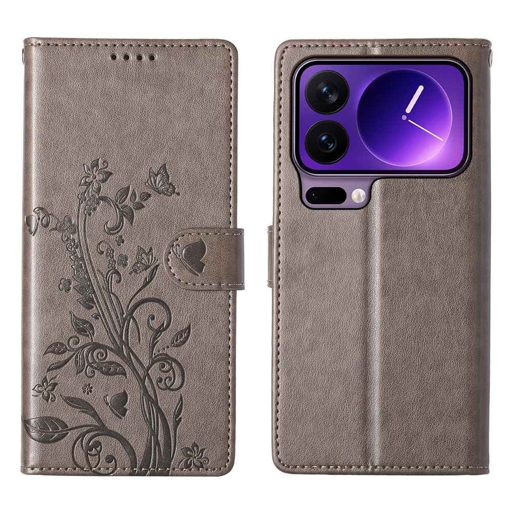 For Xiaomi 17 Pro Wallet Case Butterfly Floral Imprint PU Leather Phone Cover with Wrist Strap - Grey