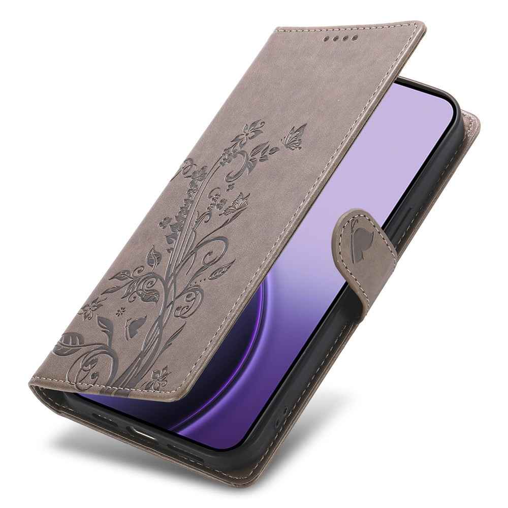 For Xiaomi 17 Pro Wallet Case Butterfly Floral Imprint PU Leather Phone Cover with Wrist Strap - Grey