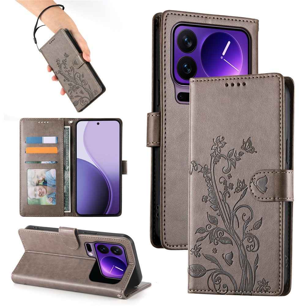 For Xiaomi 17 Pro Wallet Case Butterfly Floral Imprint PU Leather Phone Cover with Wrist Strap - Grey