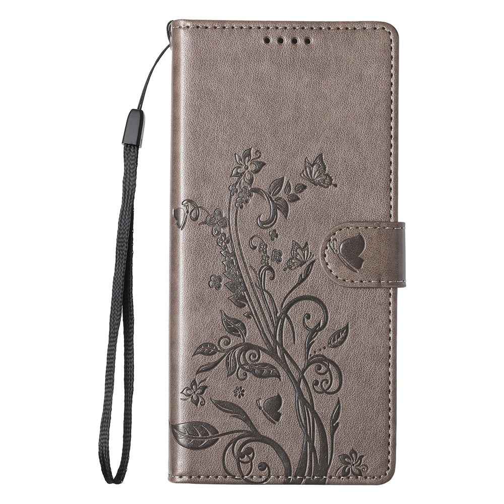 For Xiaomi 17 Pro Wallet Case Butterfly Floral Imprint PU Leather Phone Cover with Wrist Strap - Grey