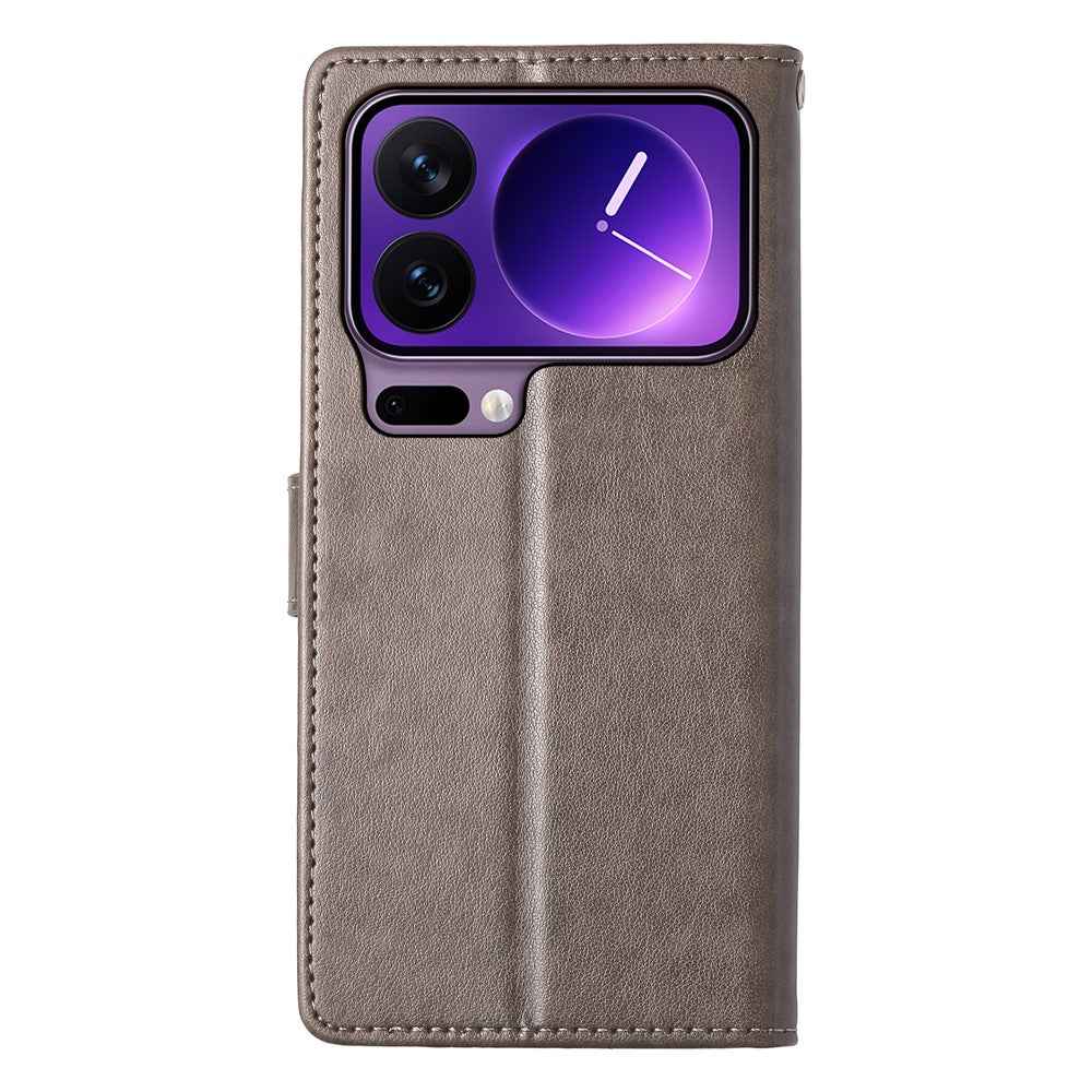 For Xiaomi 17 Pro Wallet Case Butterfly Floral Imprint PU Leather Phone Cover with Wrist Strap - Grey