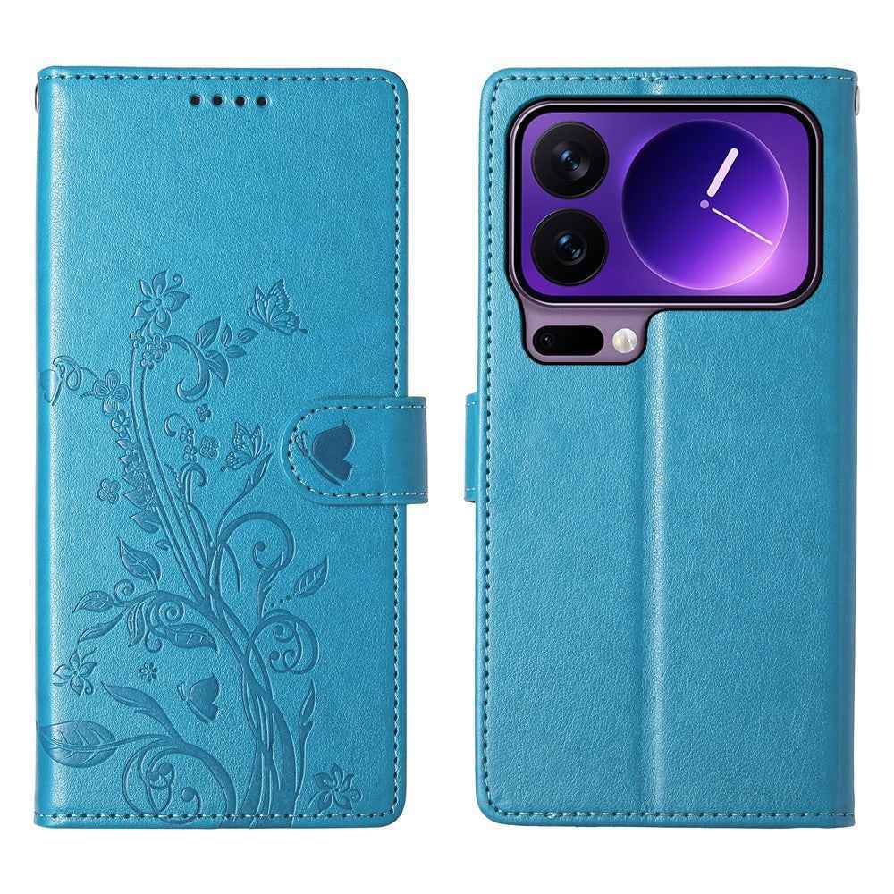 For Xiaomi 17 Pro Wallet Case Butterfly Floral Imprint PU Leather Phone Cover with Wrist Strap - Blue