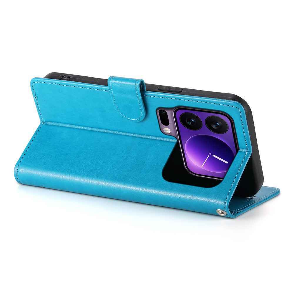 For Xiaomi 17 Pro Wallet Case Butterfly Floral Imprint PU Leather Phone Cover with Wrist Strap - Blue
