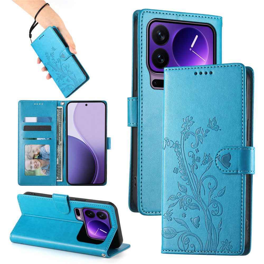 For Xiaomi 17 Pro Wallet Case Butterfly Floral Imprint PU Leather Phone Cover with Wrist Strap - Blue