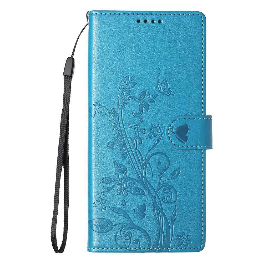 For Xiaomi 17 Pro Wallet Case Butterfly Floral Imprint PU Leather Phone Cover with Wrist Strap - Blue