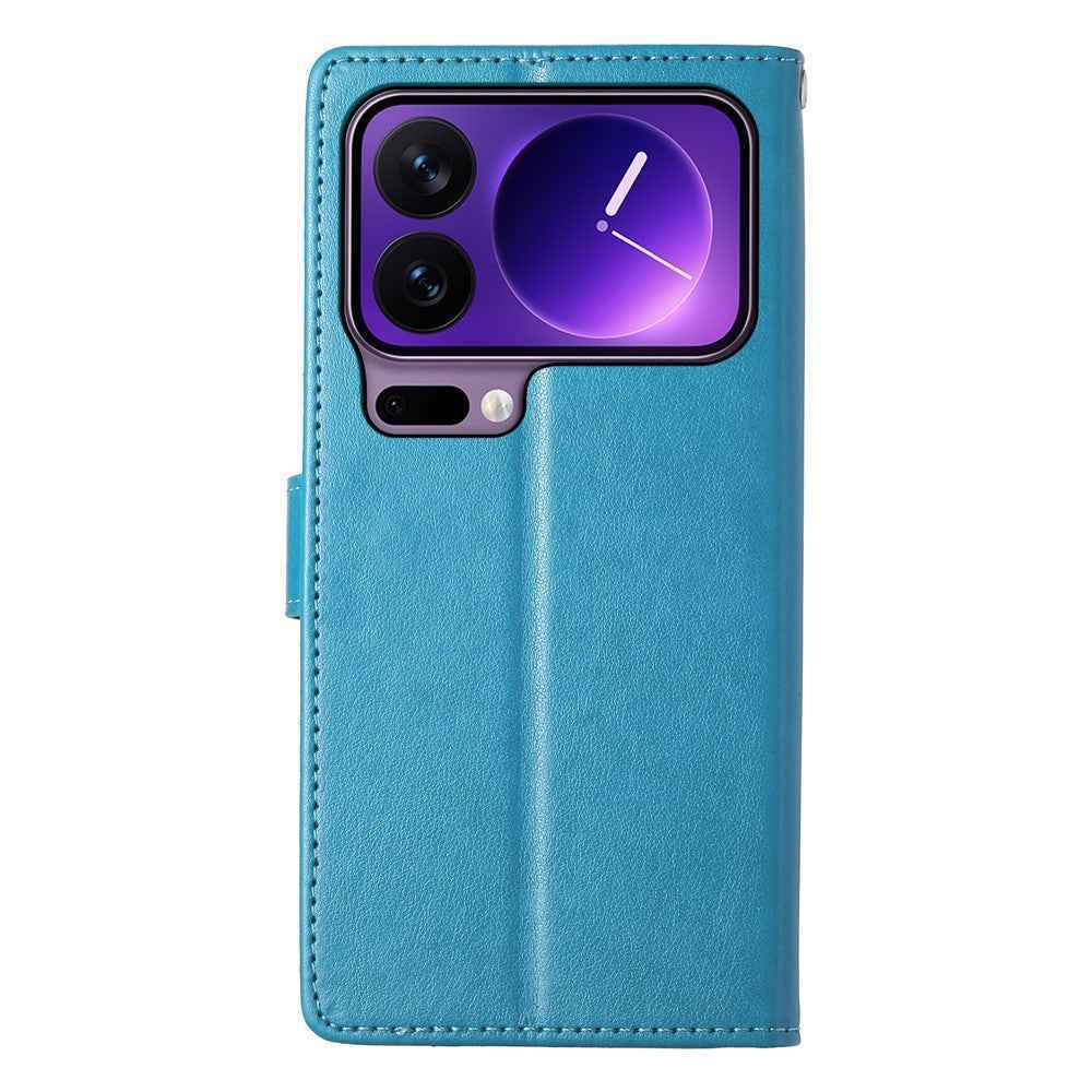 For Xiaomi 17 Pro Wallet Case Butterfly Floral Imprint PU Leather Phone Cover with Wrist Strap - Blue
