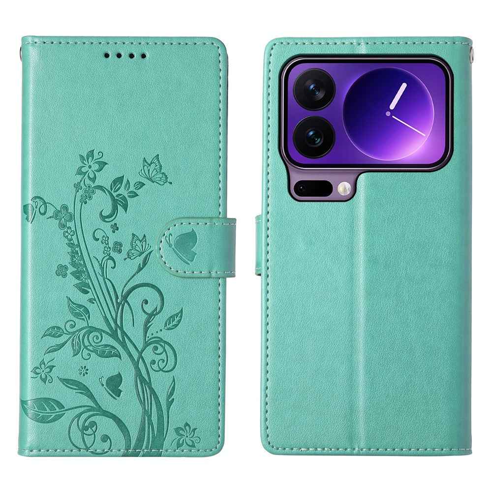 For Xiaomi 17 Pro Wallet Case Butterfly Floral Imprint PU Leather Phone Cover with Wrist Strap - Green