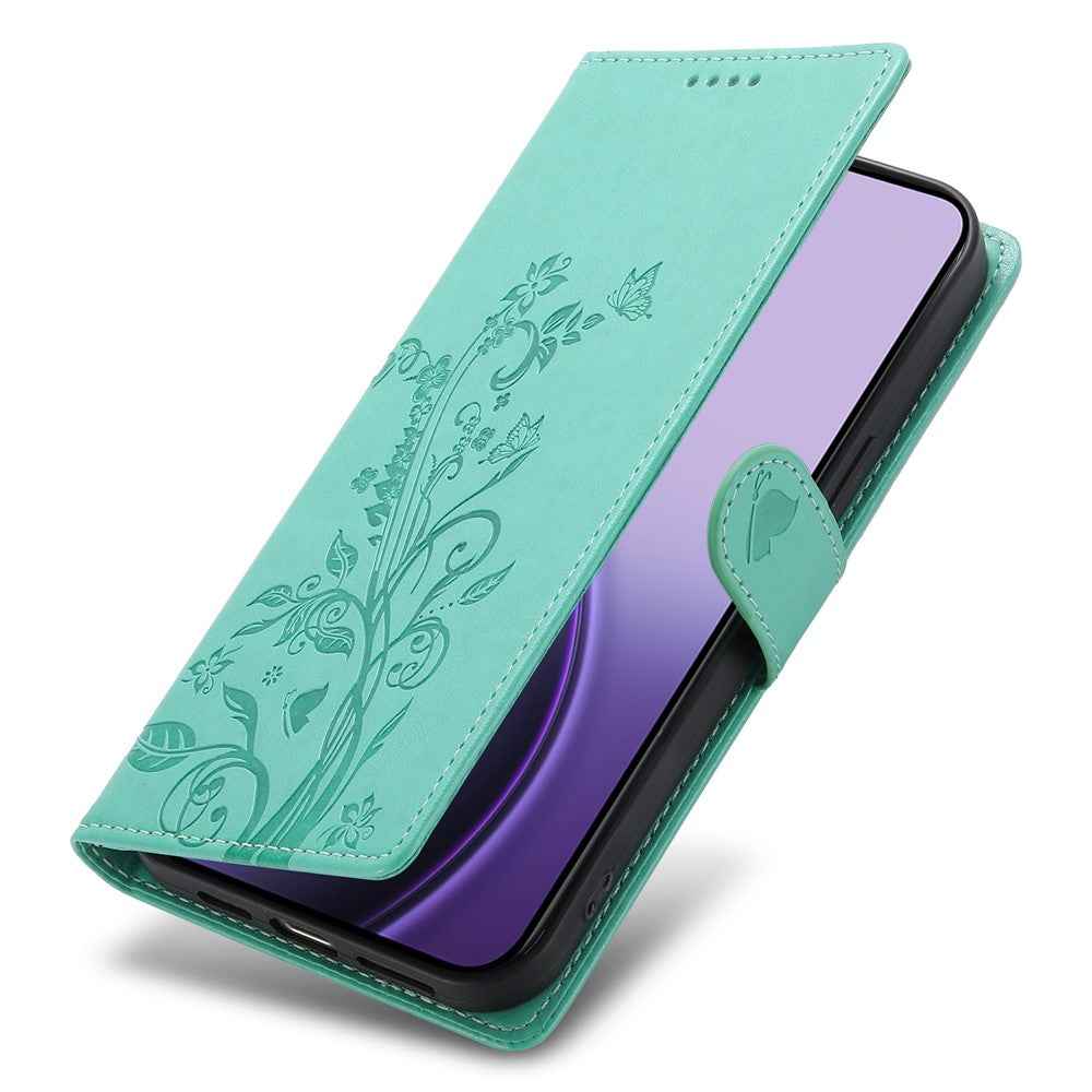 For Xiaomi 17 Pro Wallet Case Butterfly Floral Imprint PU Leather Phone Cover with Wrist Strap - Green
