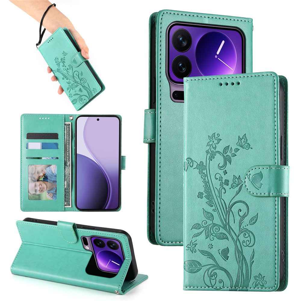 For Xiaomi 17 Pro Wallet Case Butterfly Floral Imprint PU Leather Phone Cover with Wrist Strap - Green