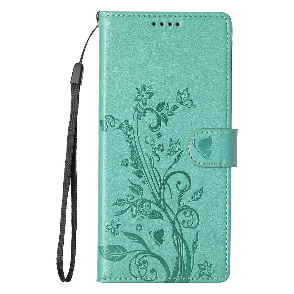 For Xiaomi 17 Pro Wallet Case Butterfly Floral Imprint PU Leather Phone Cover with Wrist Strap - Green
